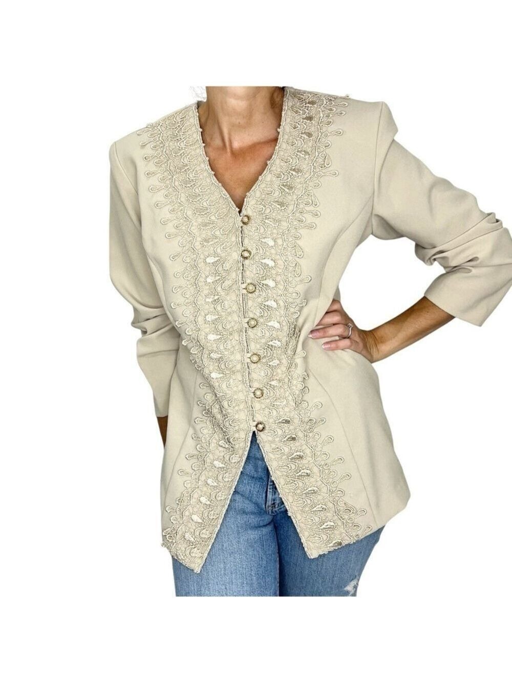Vintage beige tan crochet detail blazer jacket 14
